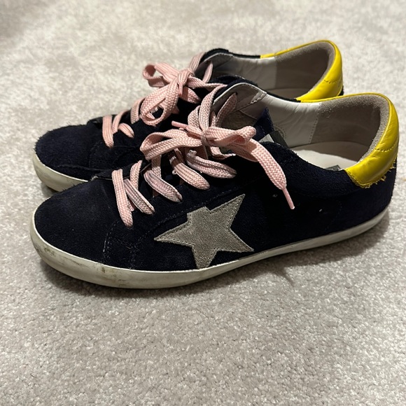 Golden Goose Superstars in Navy with Pink Laces and Yellow Heel - Picture 1 of 5